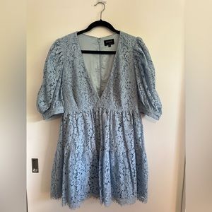 Bardot Puff Sleeve Lace Mini Dress